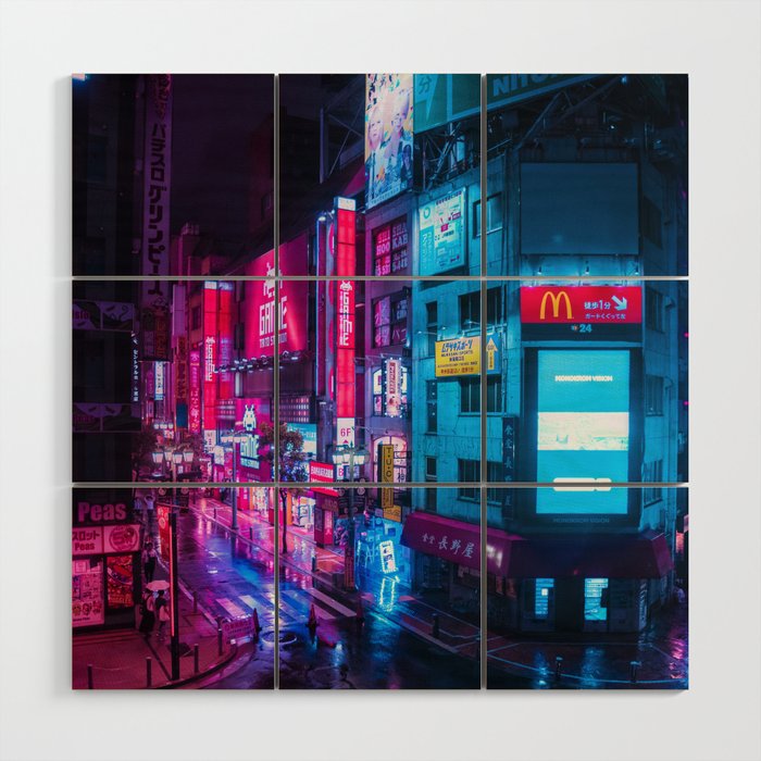 Link to Buy Post Apocalyptic Neon City Blues Wood Wall Art. A cyberpunk style art on Society 6 created by Himanshi Shah