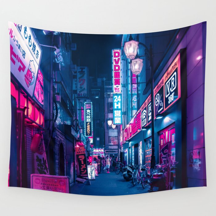 Link to Buy Tokyo 24h Wall Tapestry. A cyberpunk style art on Society 6 created by Himanshi Shah